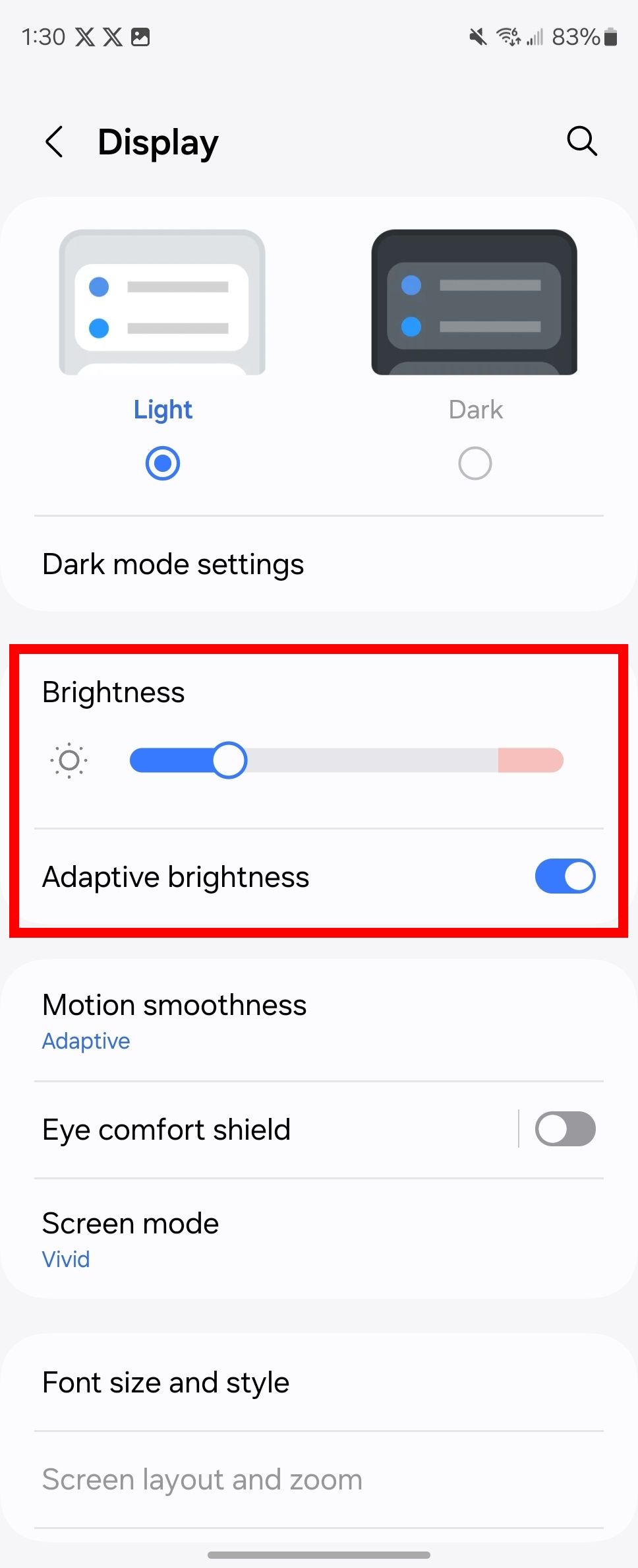 Red rectangle outline highlighting brightness slider and adaptive brightness toggle in Samsung Display settings