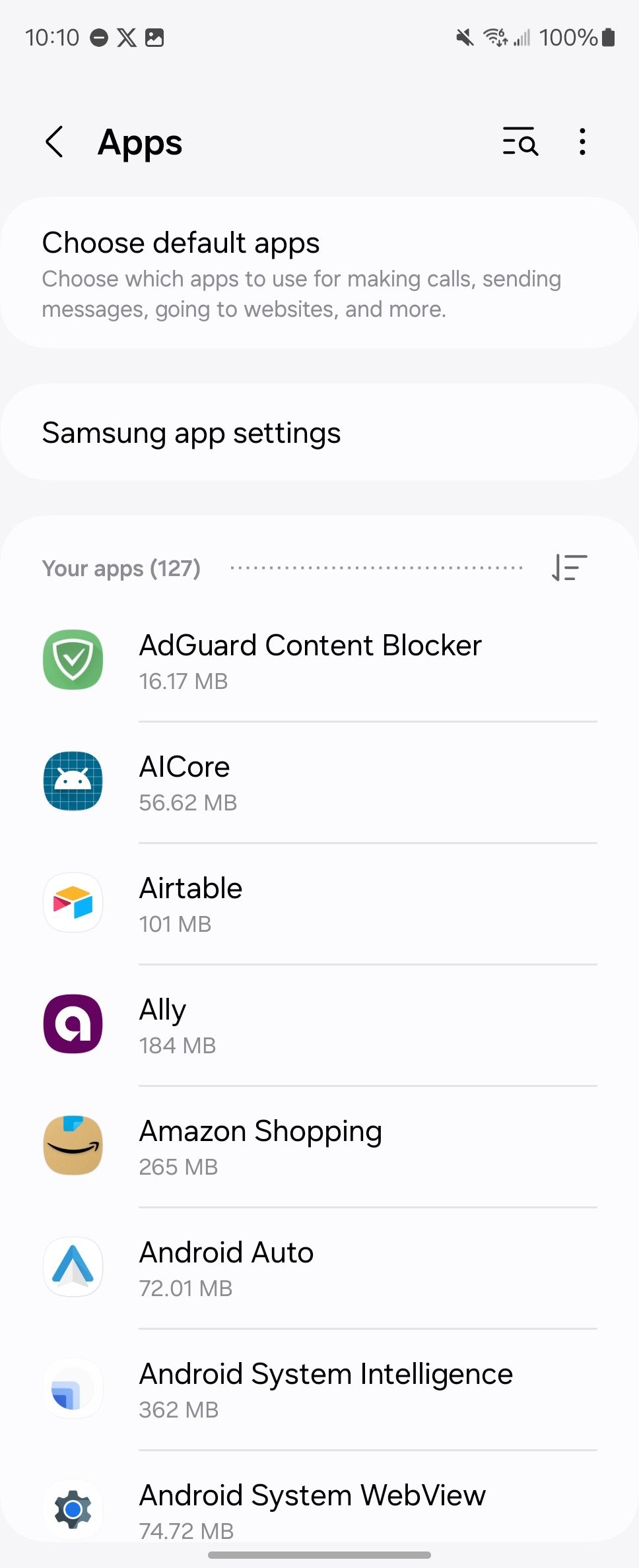 A list of apps in the App settings page on a Samsung Galaxy Z Fold 6