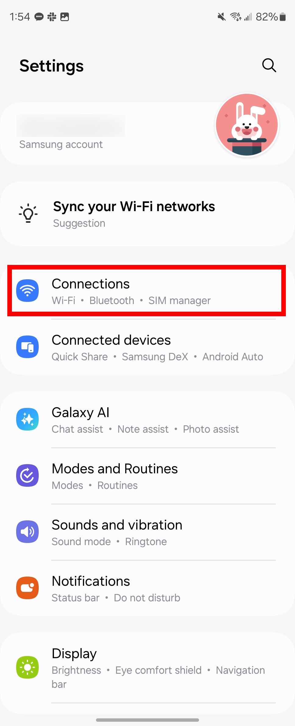 Red rectangle outline highlighting connections in Samsung settings