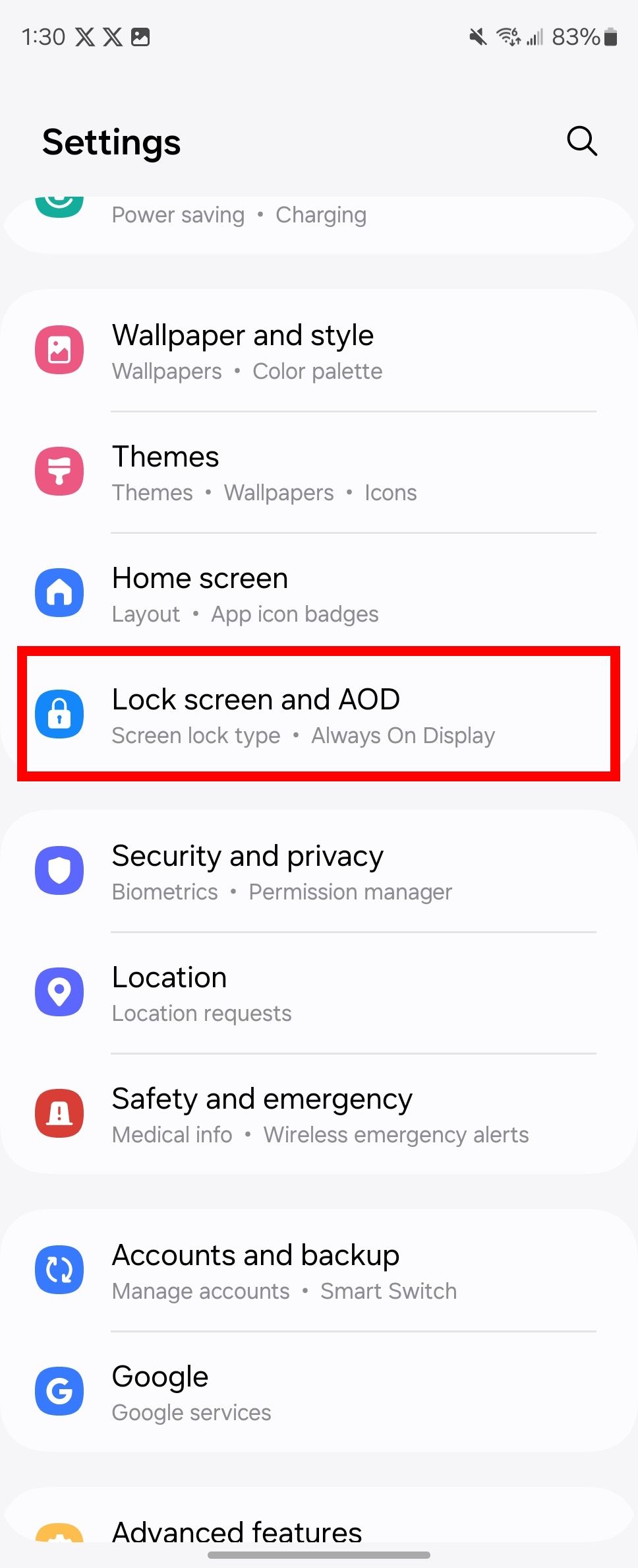 Red rectangle outline highlighting Lock screen and AOD option in samsung settings