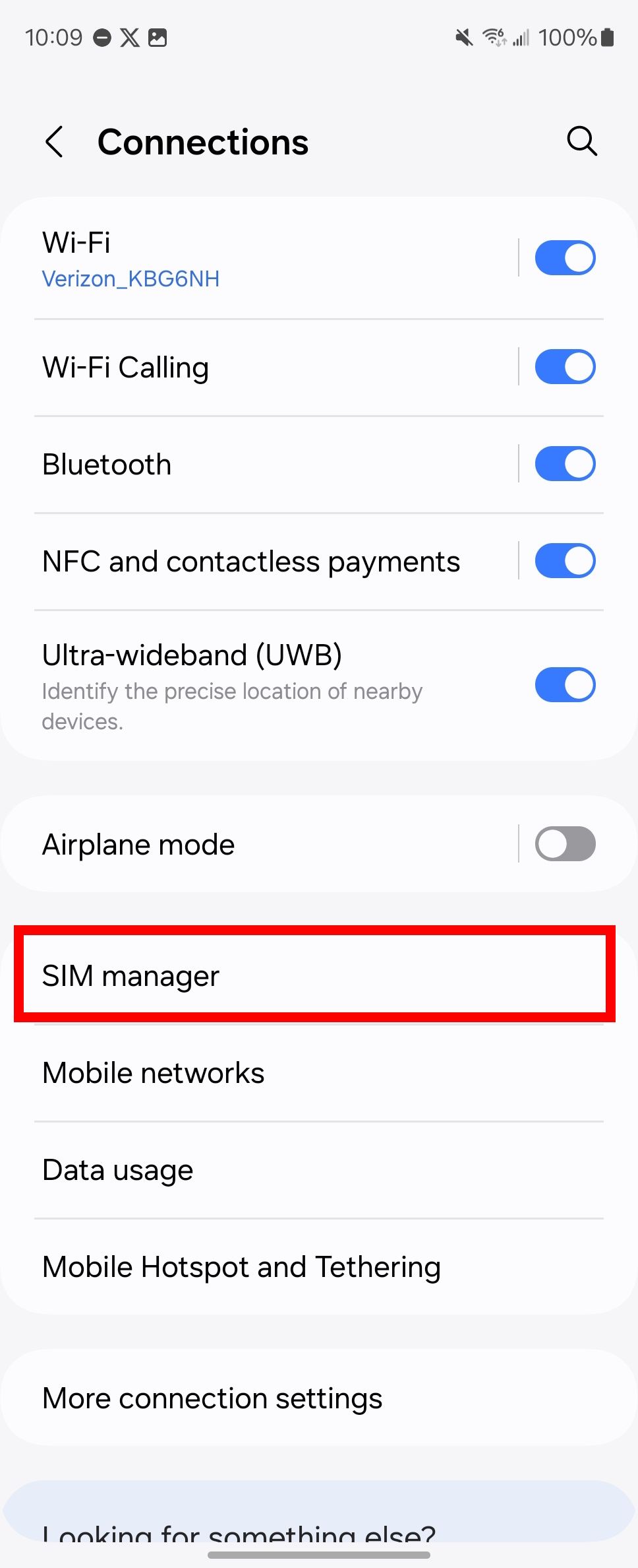 Red rectangle outline highlighting SIM manager in Galaxy Z Fold 6 connection settings