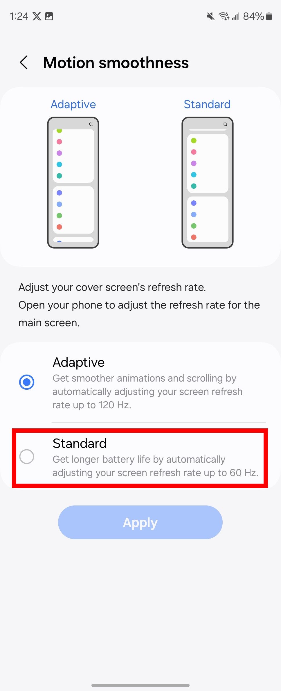 Red rectangle outline highlighting standard option in motion and smoothness on a samsung galaxy z fold 6