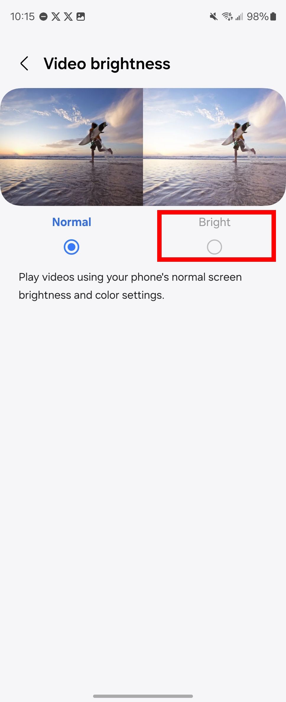 Red rectangle outline highlighting Bright option in Video brightness settings