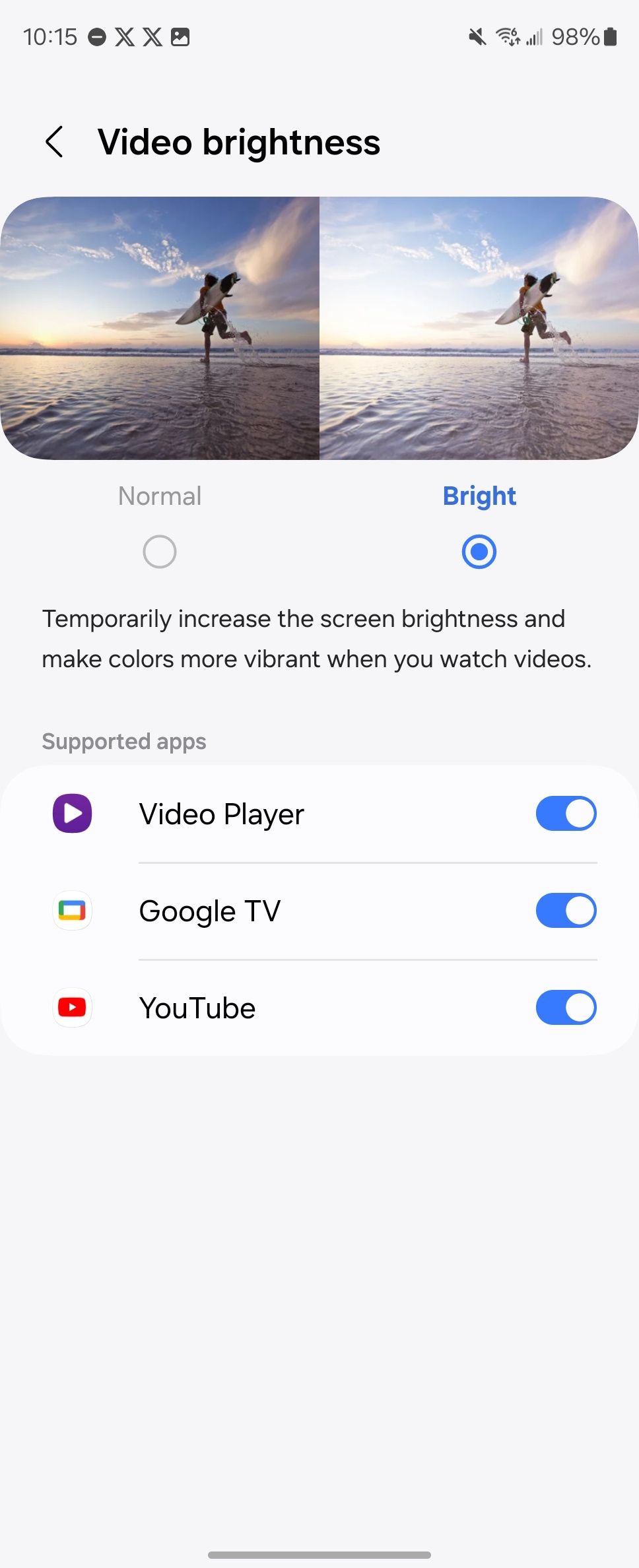 Selected bright option showing a list of supported apps with toggles in Video brightness settings