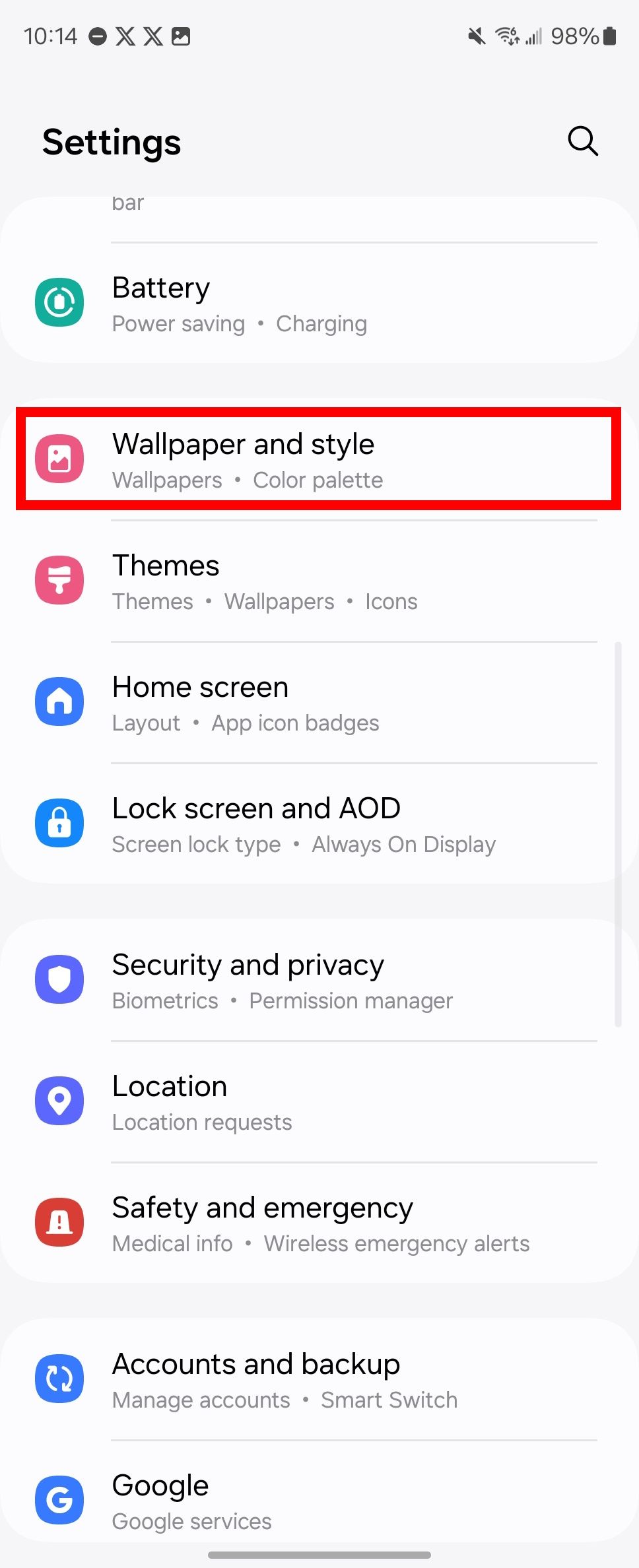 Red rectangle outline highlighting Wallpaper and style in Samsung settings