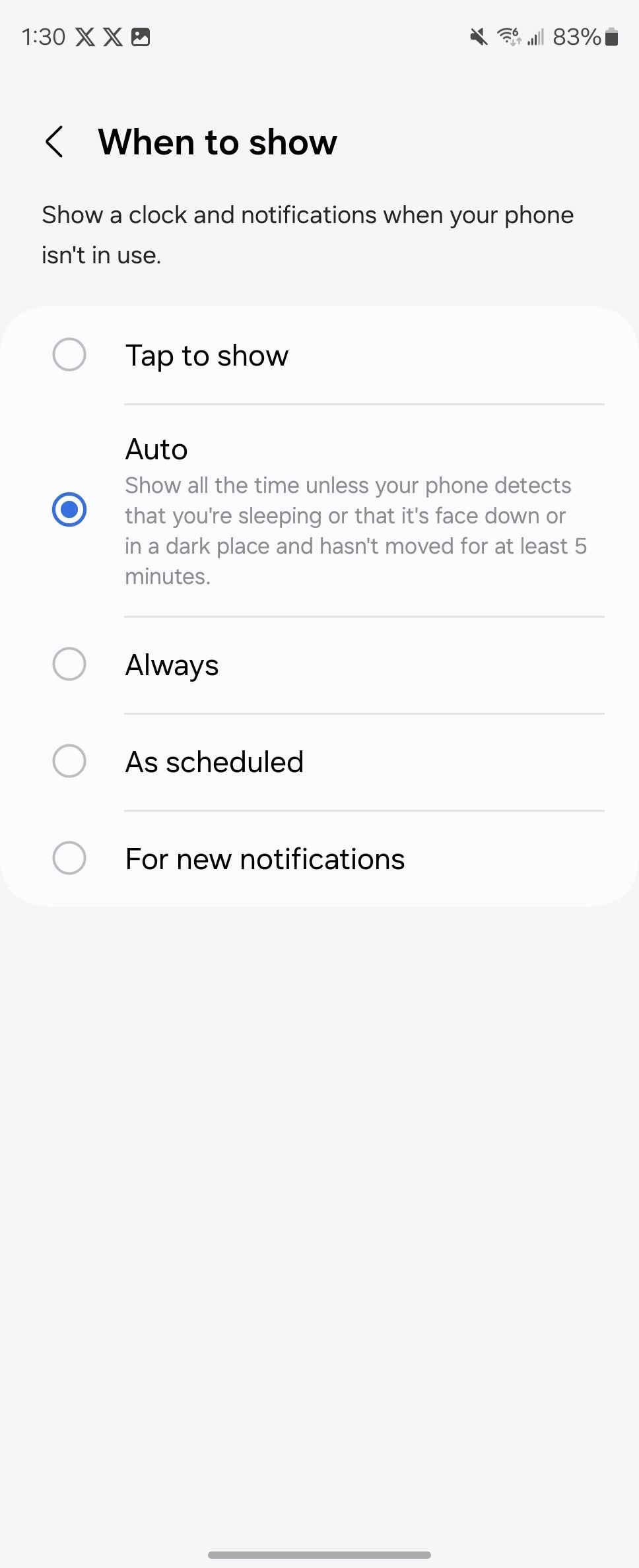 A list of When to show options for Samsung Always On Display 