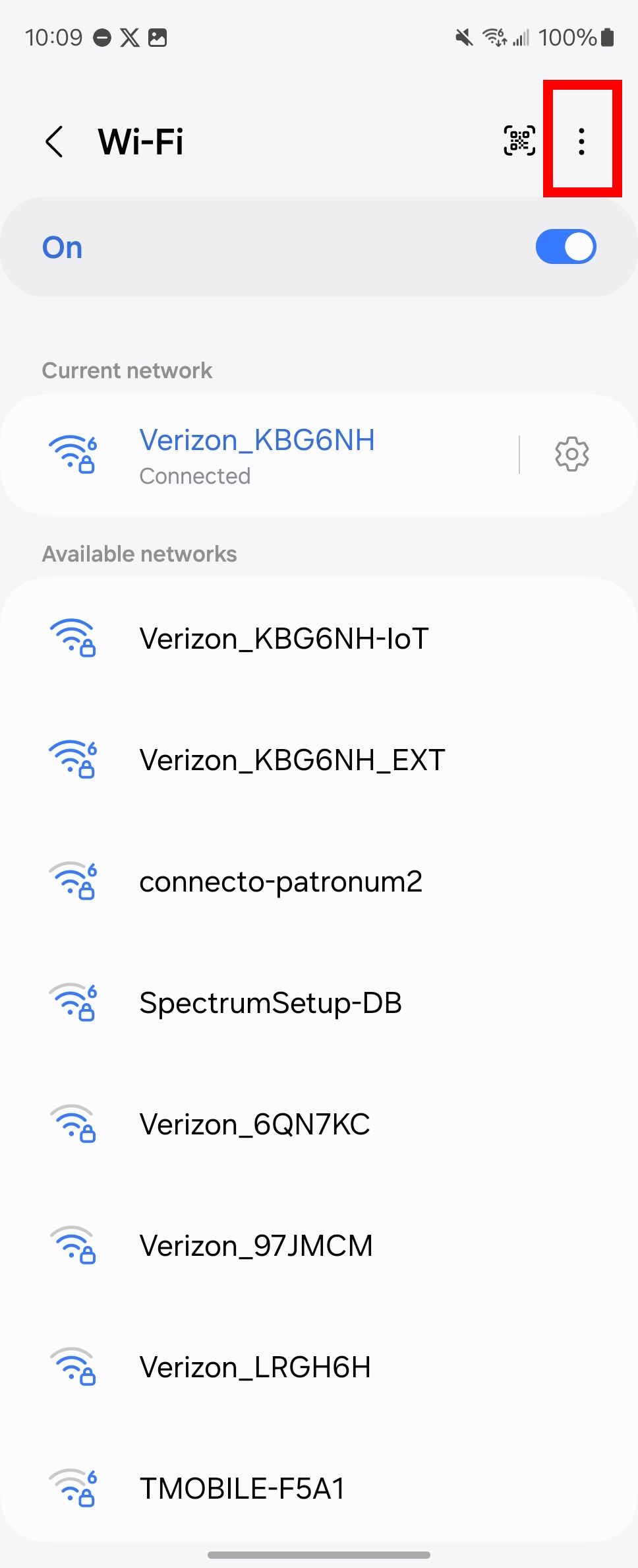 Red rectangle outline highlighting Three-dot icon in top right corner of Wi-Fi settings