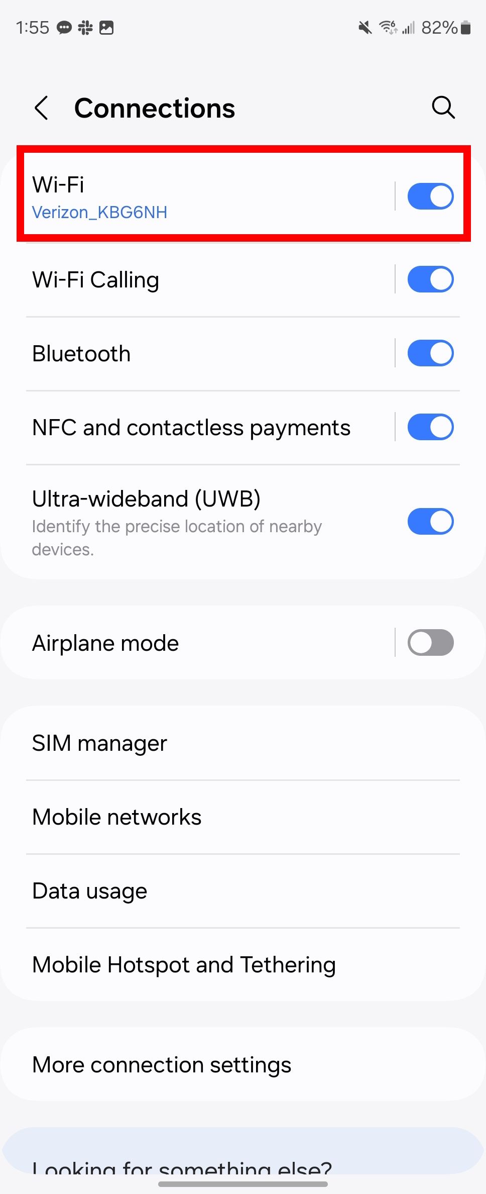 Red rectangle outline highlighting Wi-Fi in Samsung connection settings