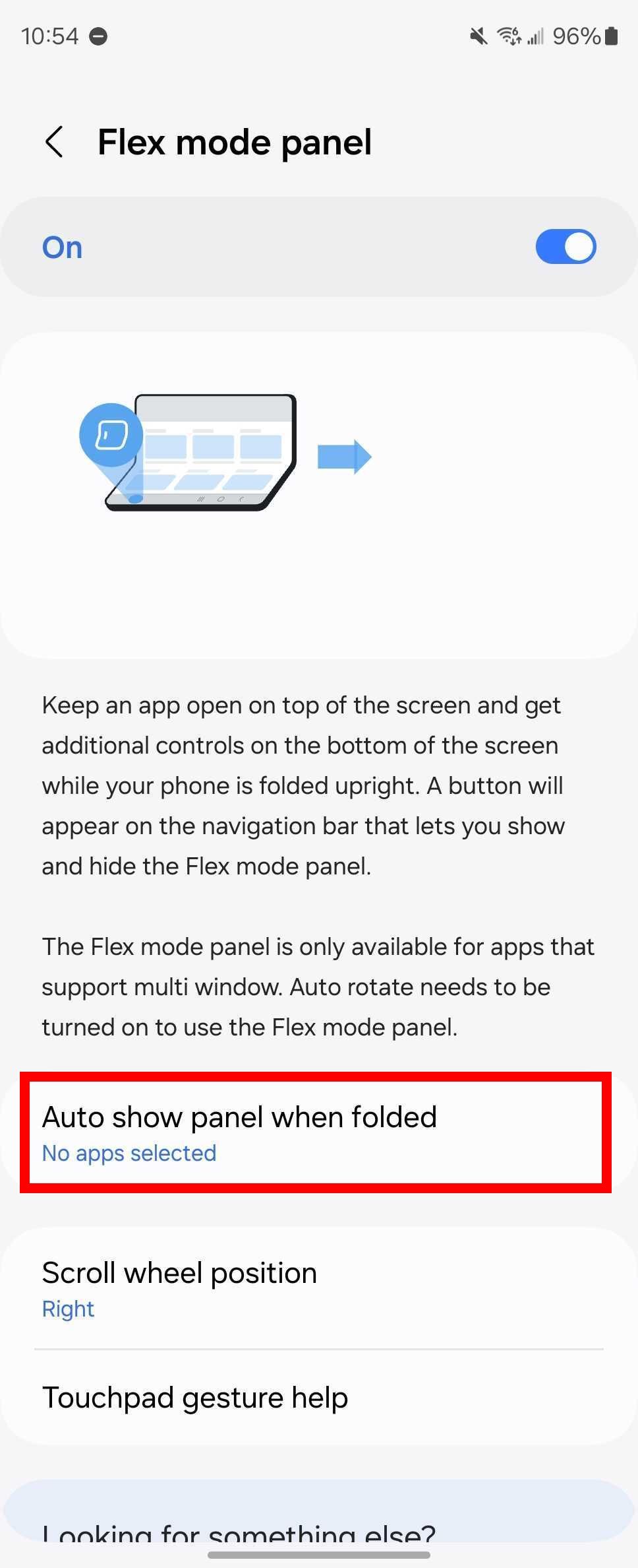 Red rectangle outline highlighting Auto show panel when folded option in Flex mode panel settings