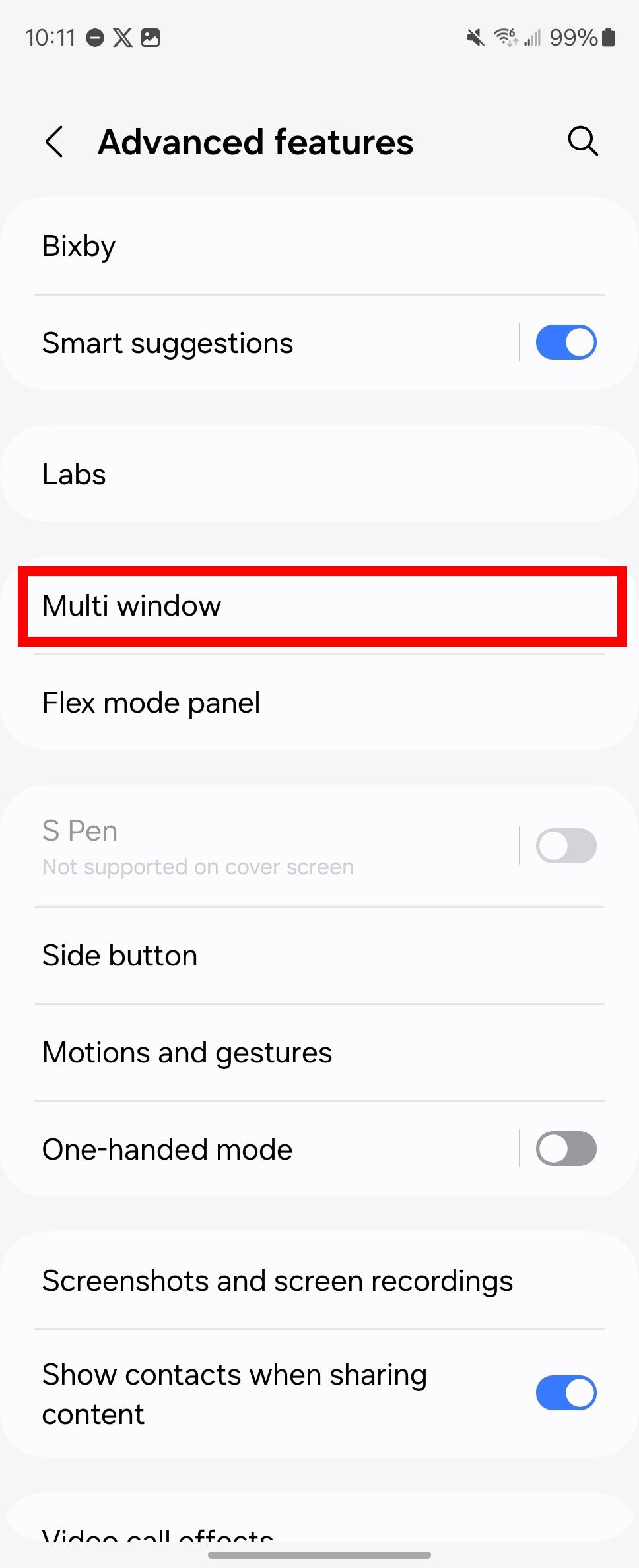 Red rectangle outline highlighting Multi window in Advanced features