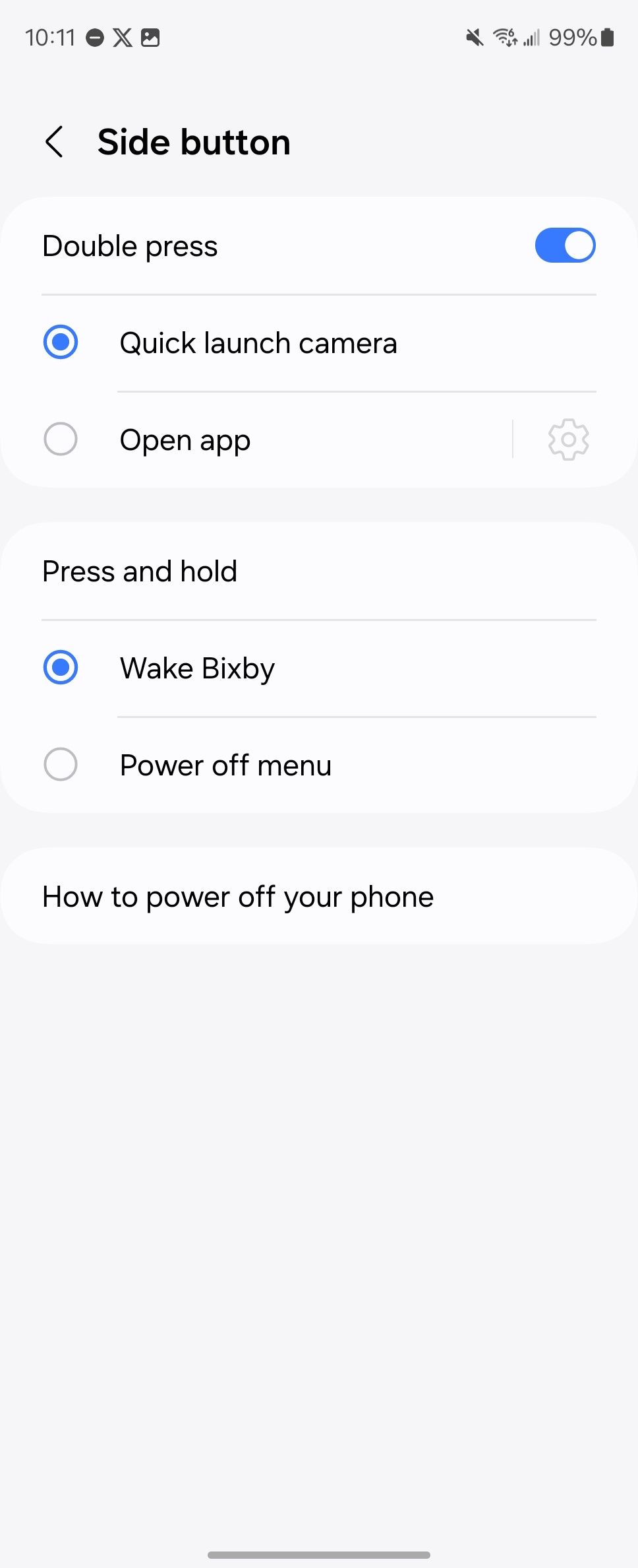 Side button customization page with double press and press and hold (long press) options