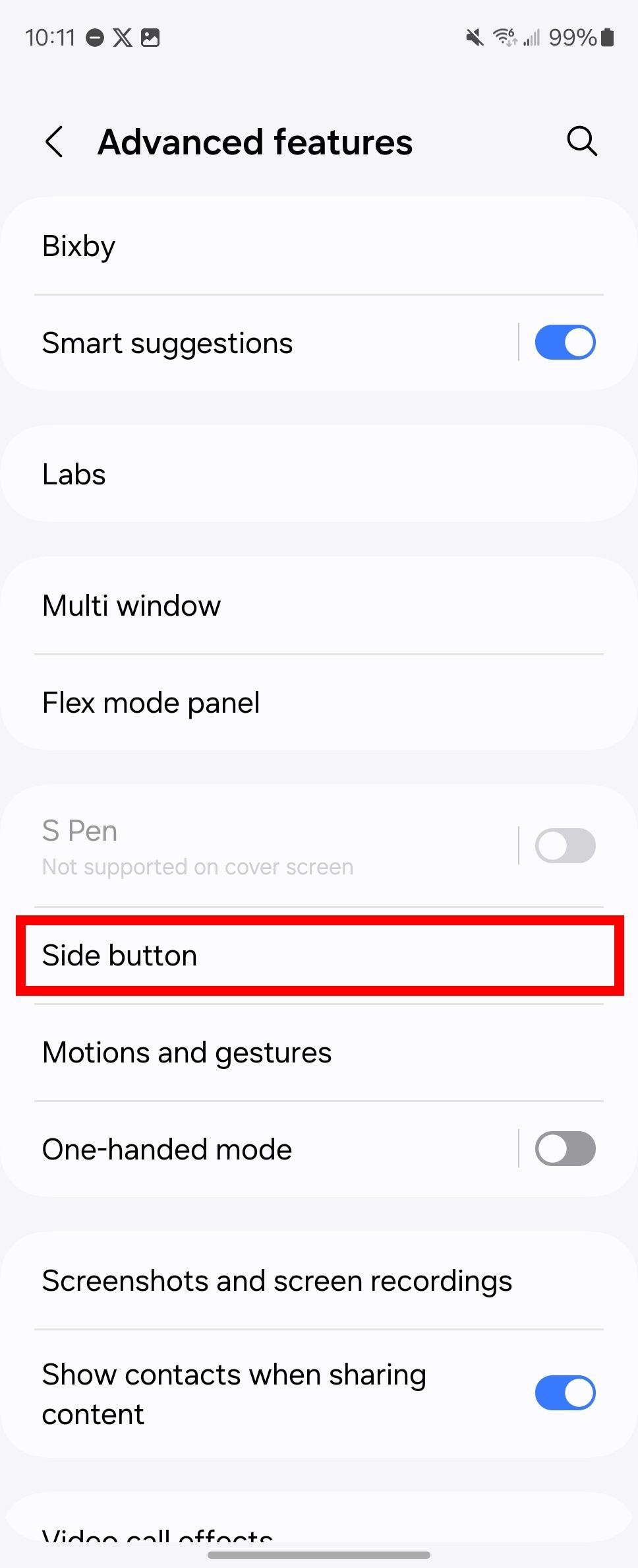 Red rectangle outline highlighting Side button in Advanced features