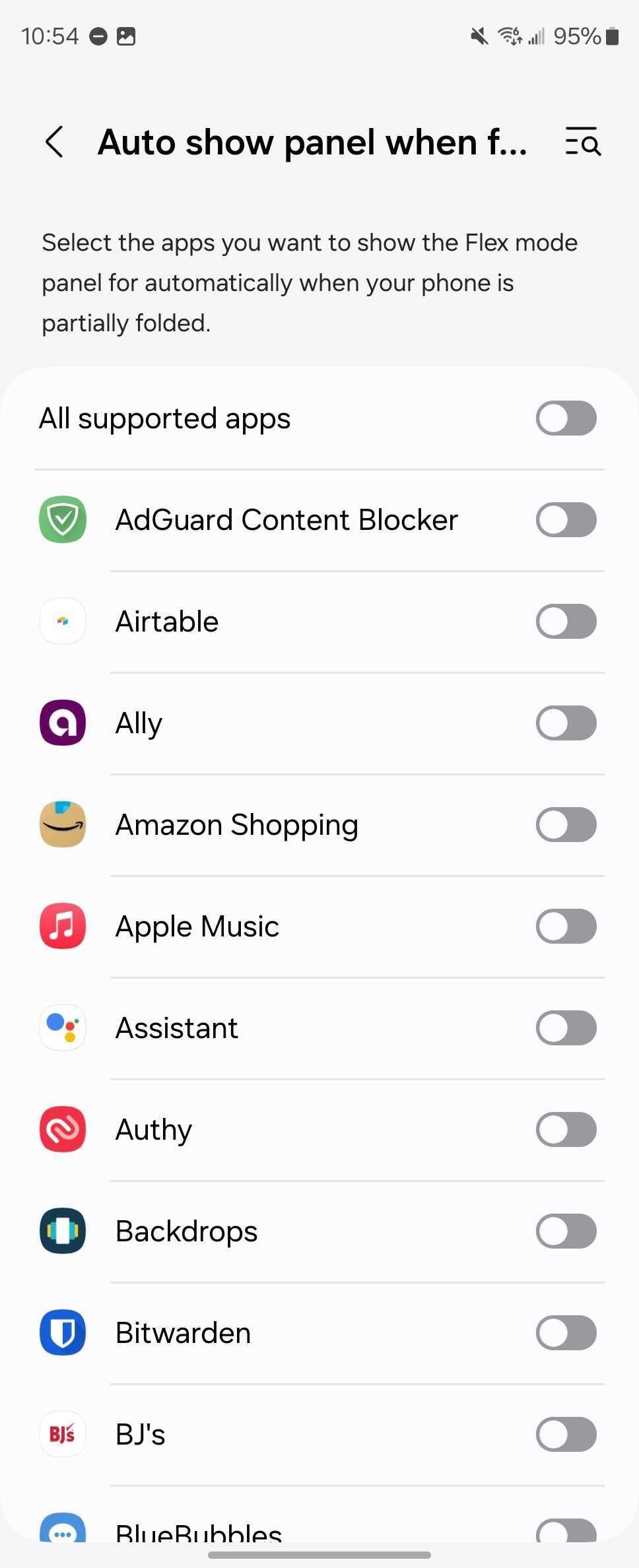 A list of selectable apps for flex mode for panel auto show panel when folded settings