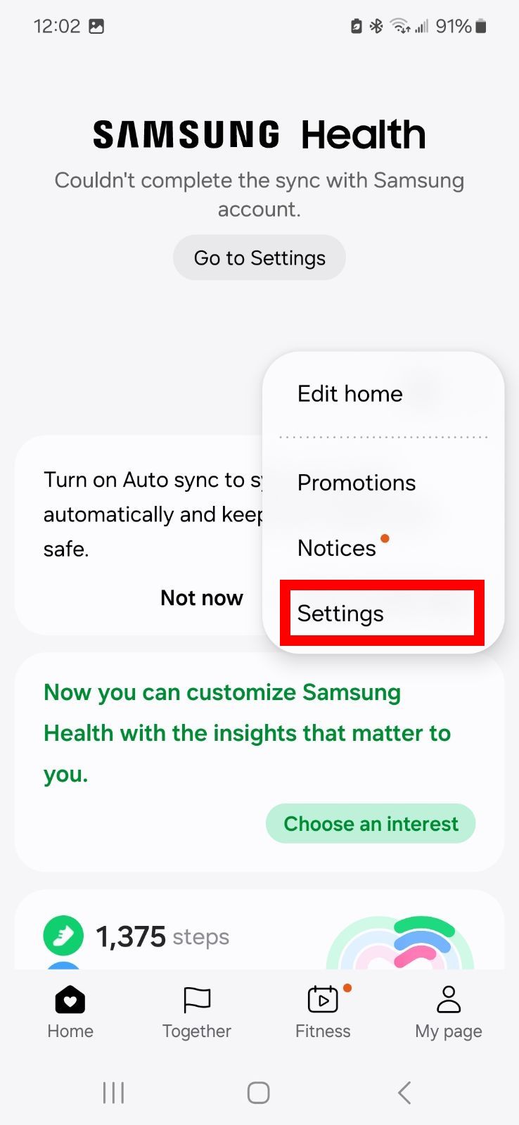 Red rectangle outline highlighting Settings in Samsung Health app on Samsung phone