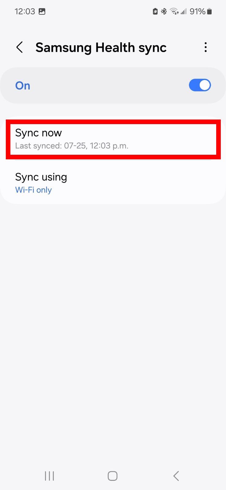 Red rectangle outline highlighting Sync now in Samsung Health app on Samsung phone