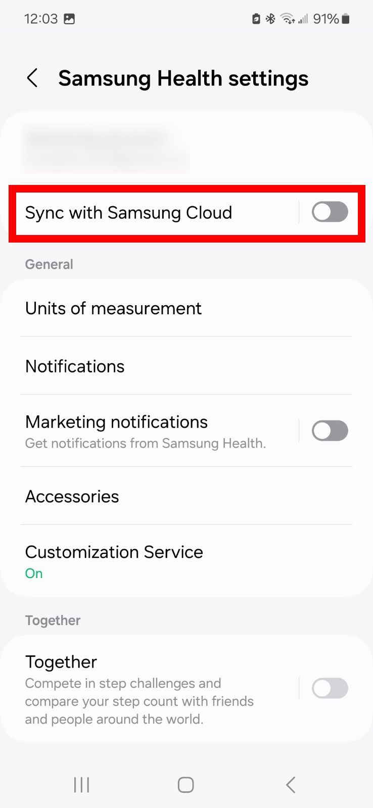 Red rectangle outline highlighting Sync with Samsung Cloud toggle in Samsung Health settings