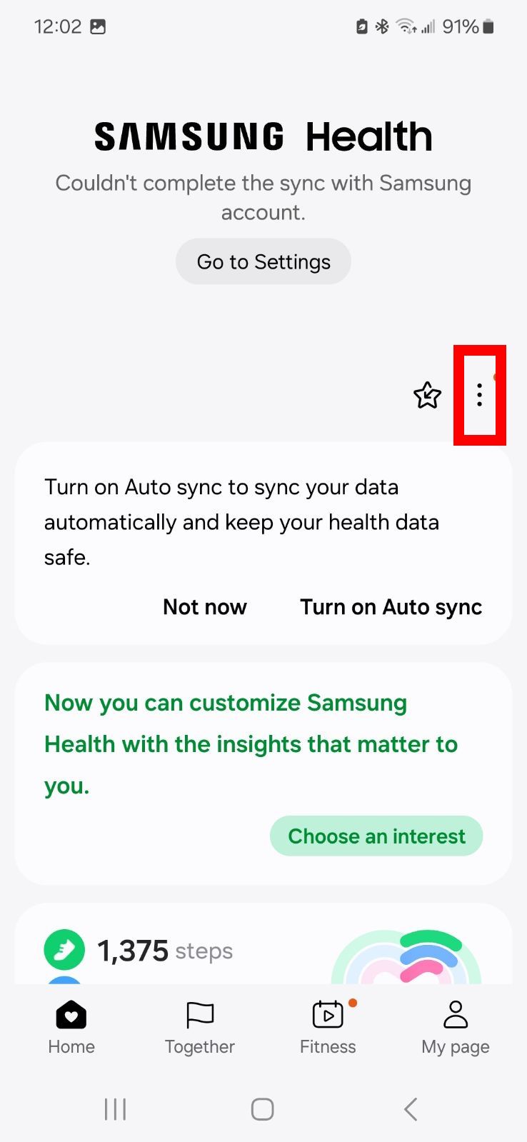 Red rectangle outline over three-dot icon in Samsung Health app on Samsung phone