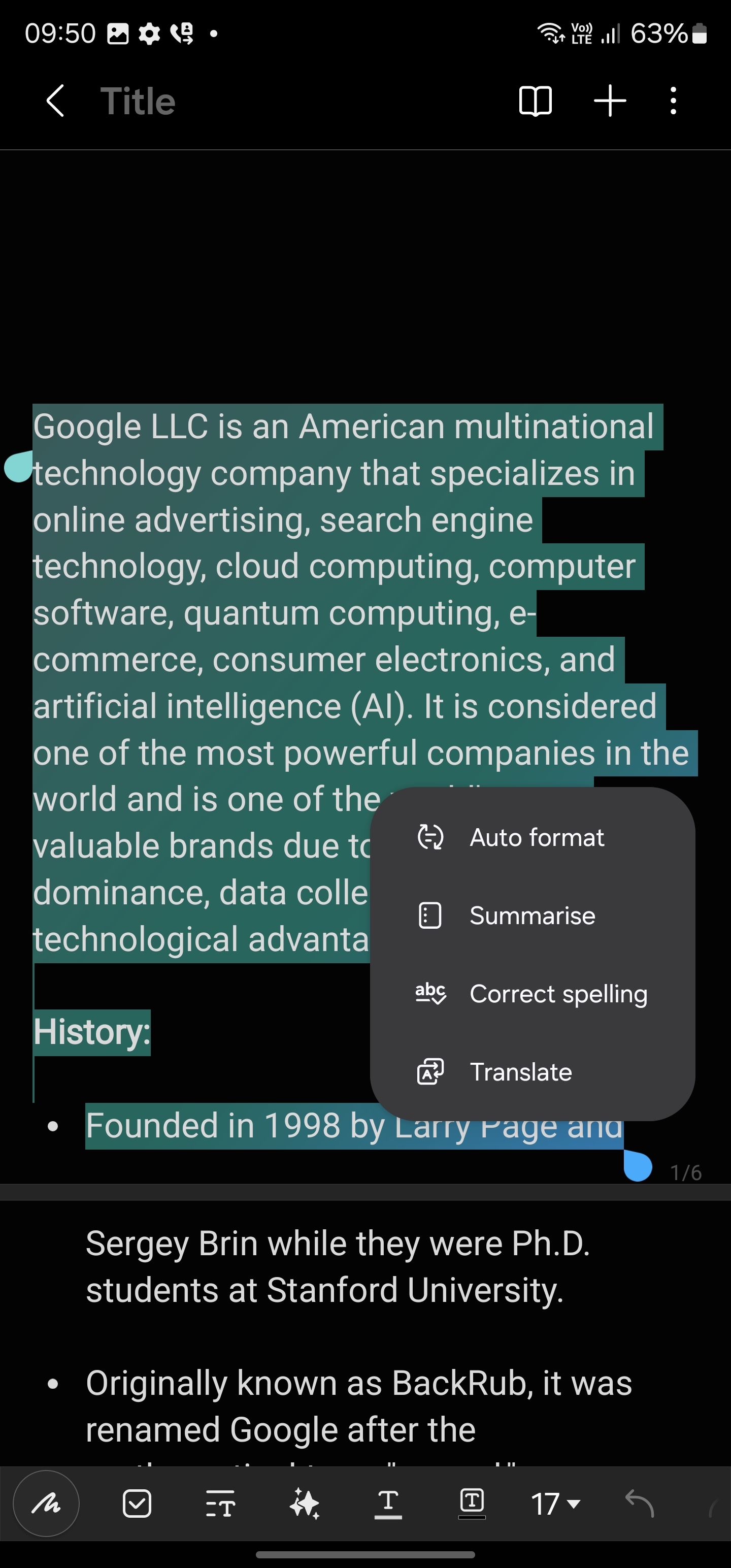 Galaxy AI auto-format in Notes