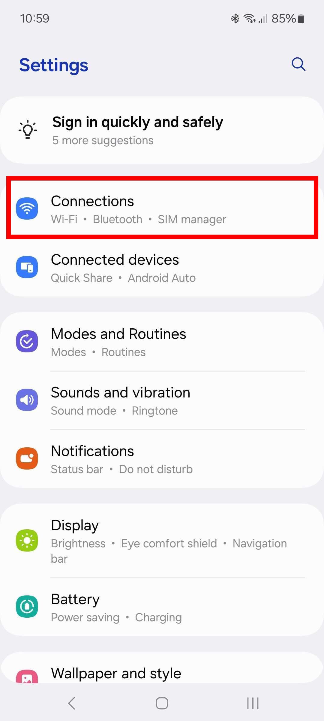 Red rectangle outline highlighting Connections in Samsung settings