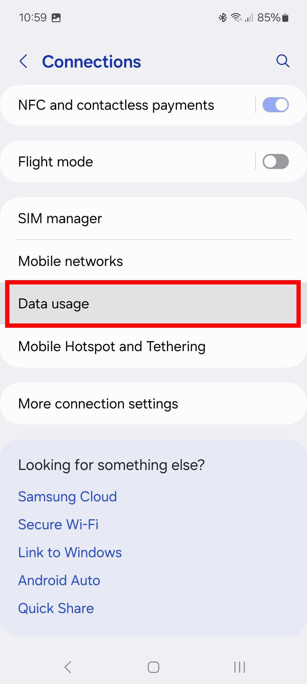 Red rectangle outline highlighting Data usage in Connection settings