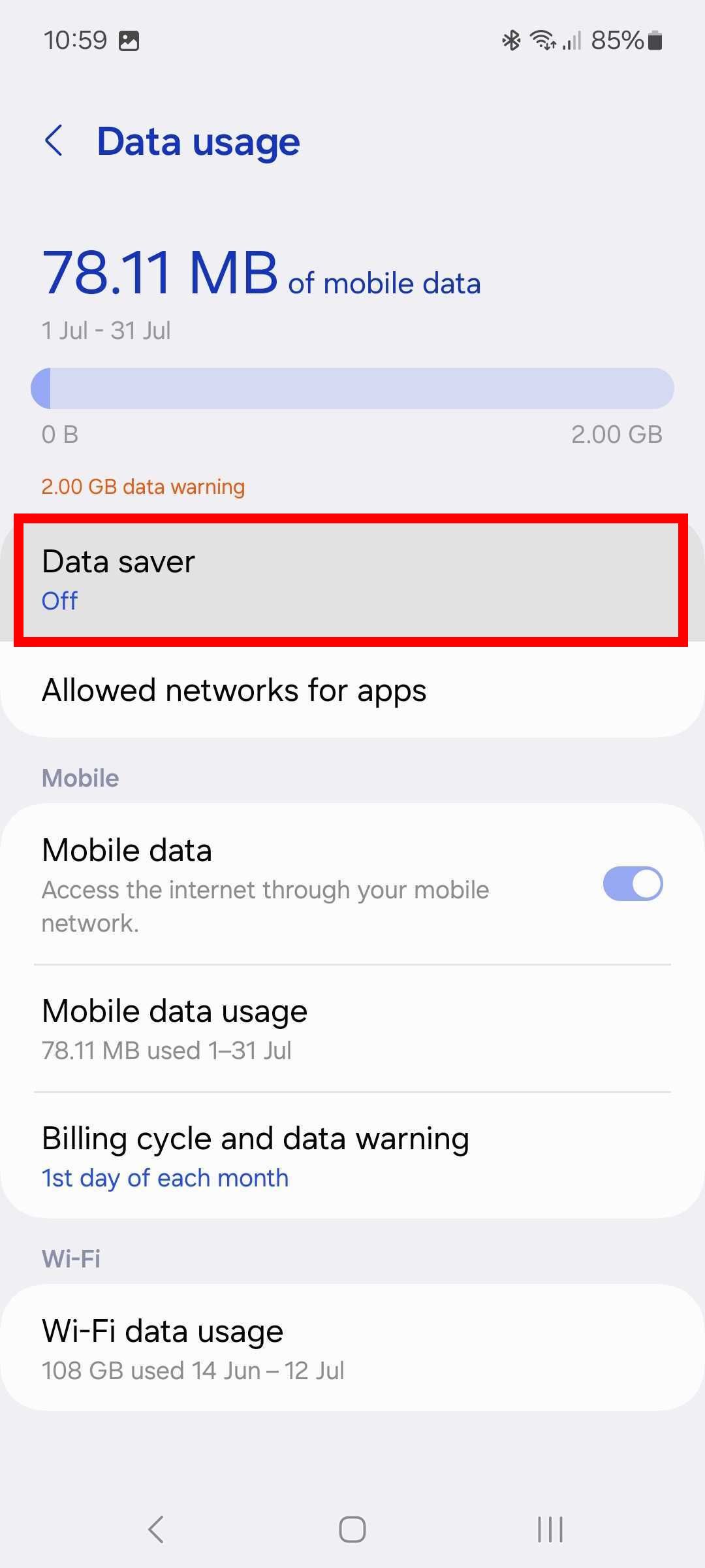 Red rectangle outline highlighting Data saver option in Data usage settings