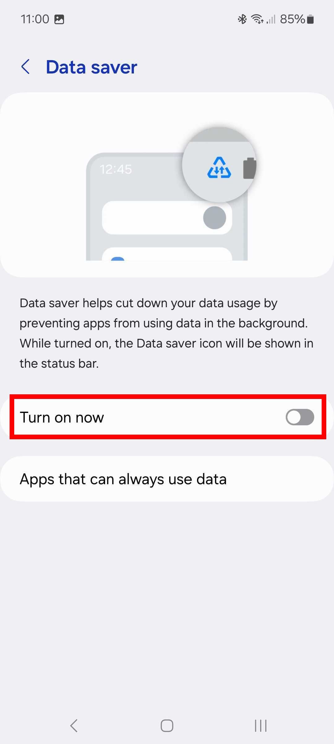 Red rectangle outline highlighting Turn on now toggle in Data saver settings