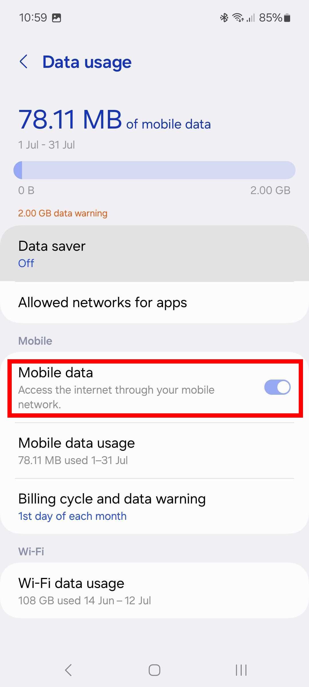 Red rectangle outline highlighting Mobile data toggle in data usage settings