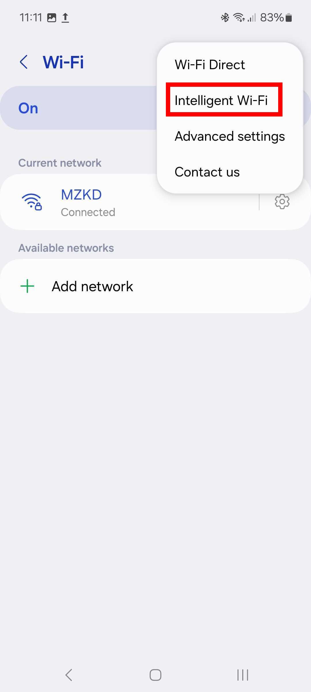 Red rectangle outline highlighting Intelligent Wi-Fi option in Three-dot menu