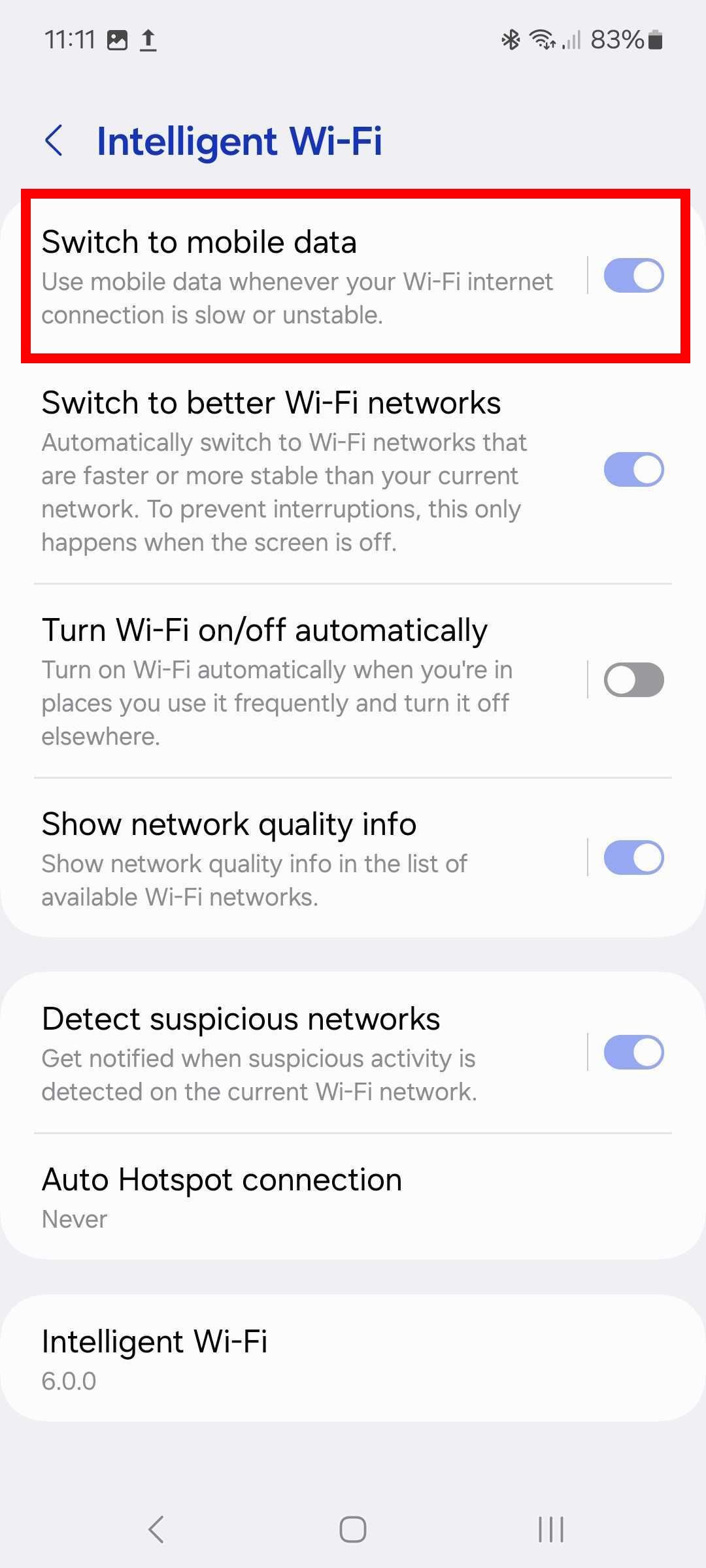 Red rectangle outline highlighting Switch to mobile data toggle in Intelligent Wi-Fi settings