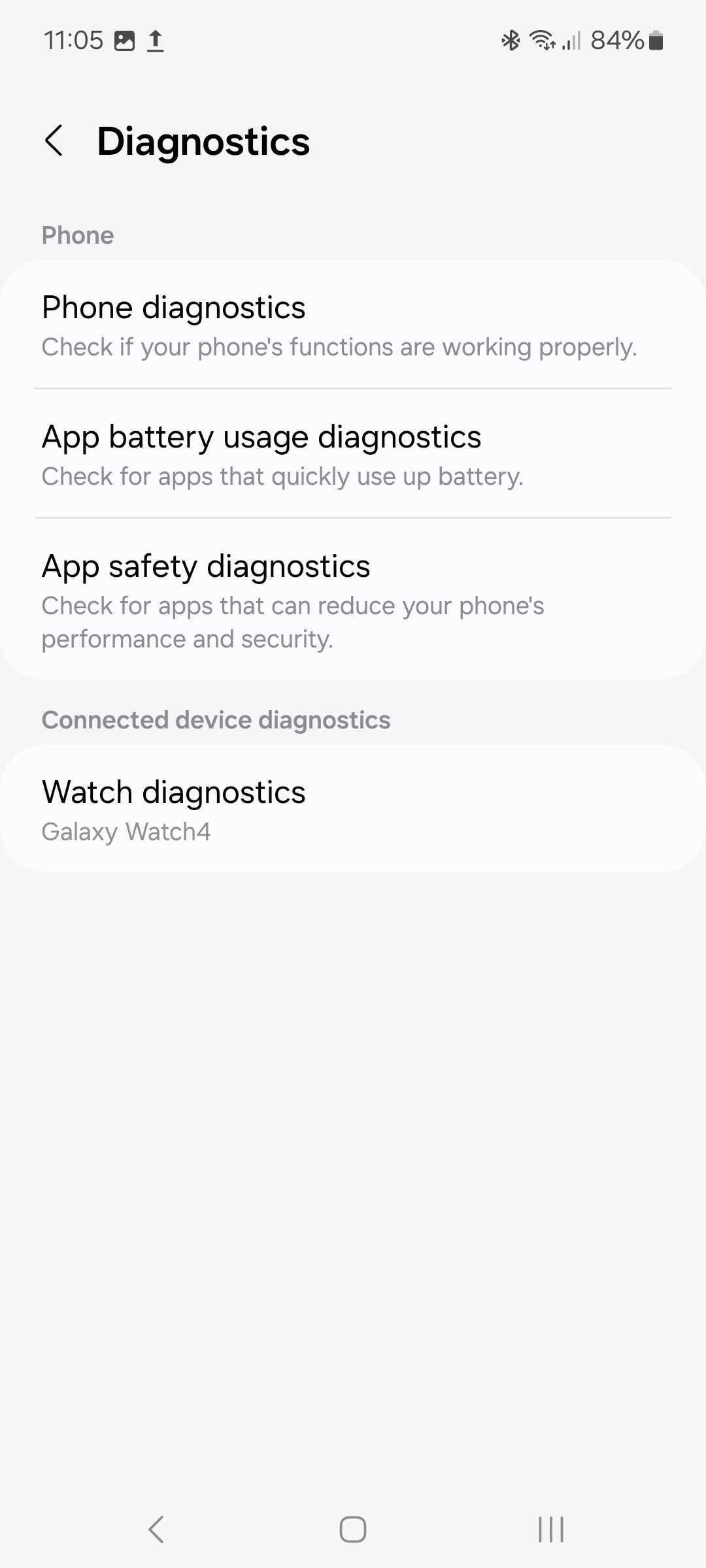 Diagnostics page in Samsung Device care settings with a list of options