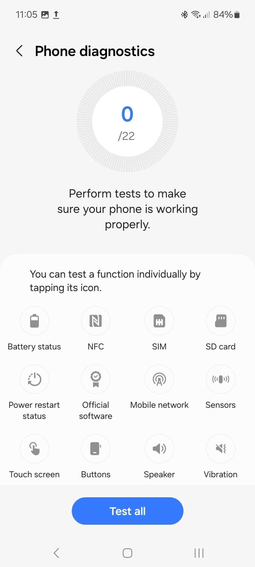 Phone diagnostics test and test all button in Samsung Device care settings