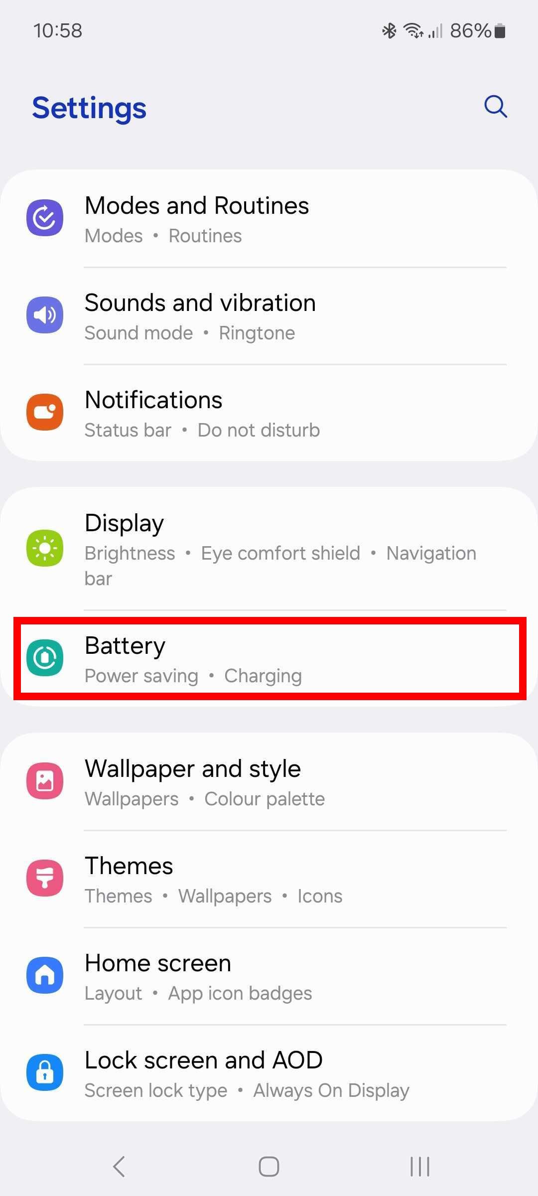 Red rectangle outline highlighting Display option in Samsung settings