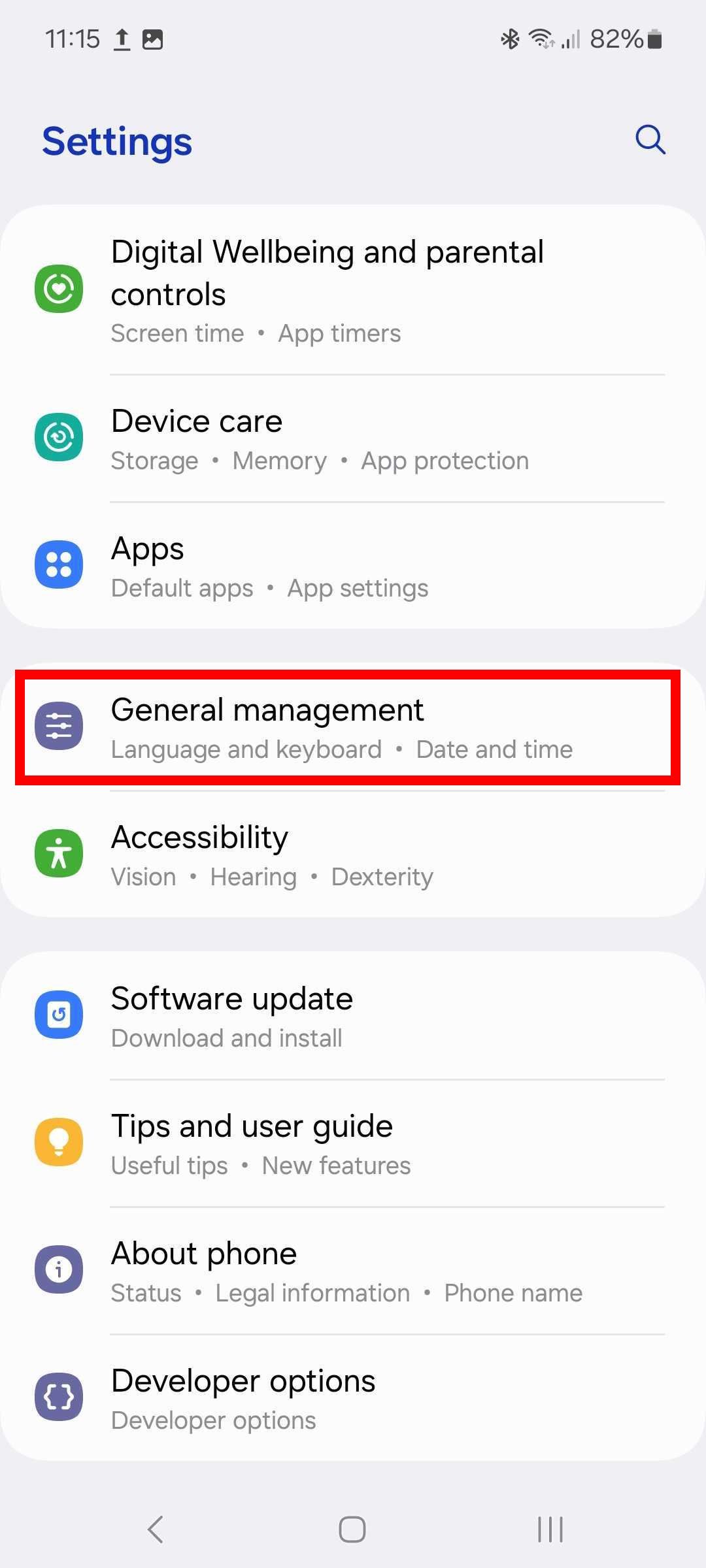 Red rectangle outline highlighting General management in Samsung settings