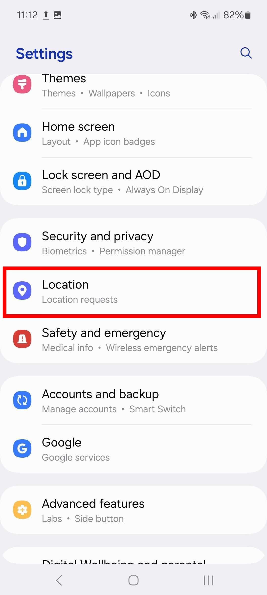 Red rectangle outline highlighting over location in Samsung settings