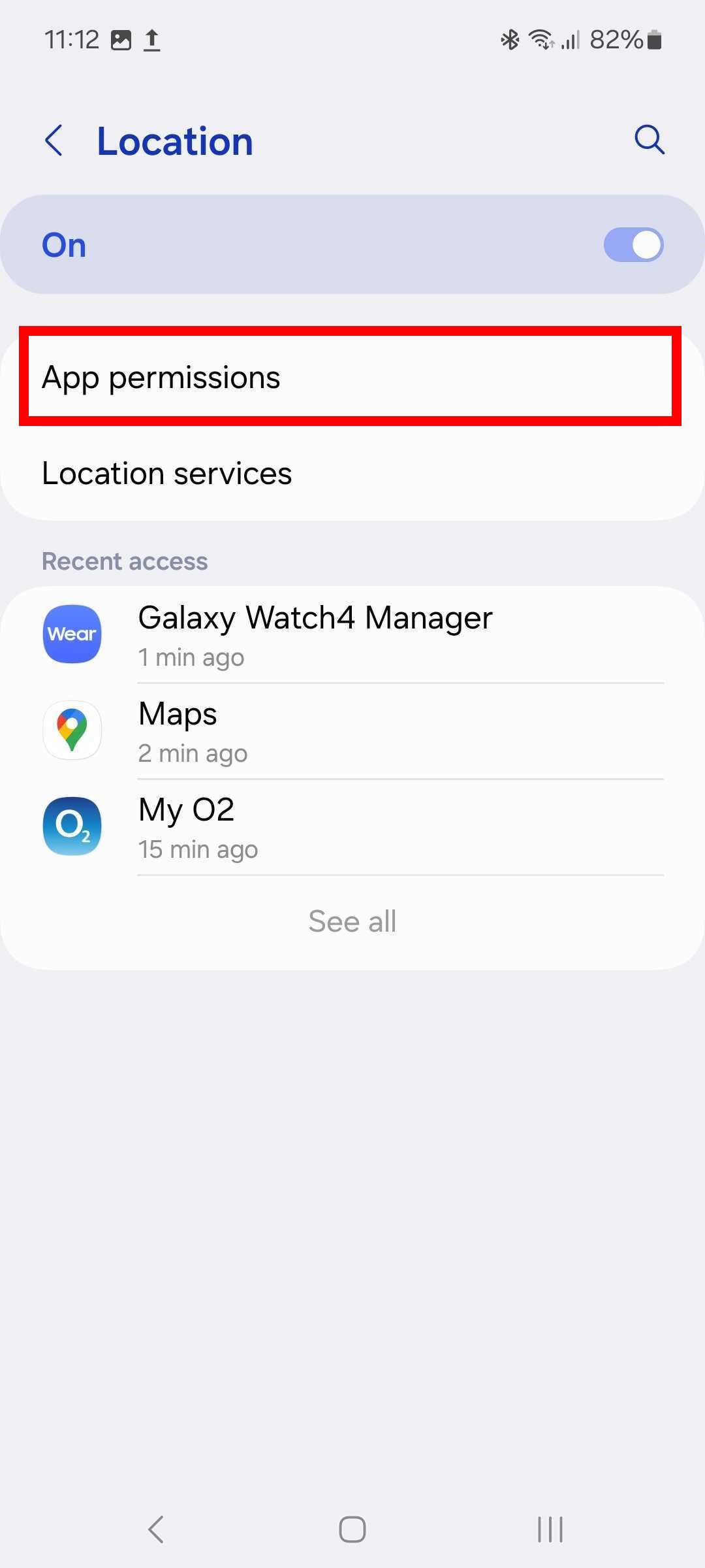 Red rectangle outline highlighting app permissions in location settings