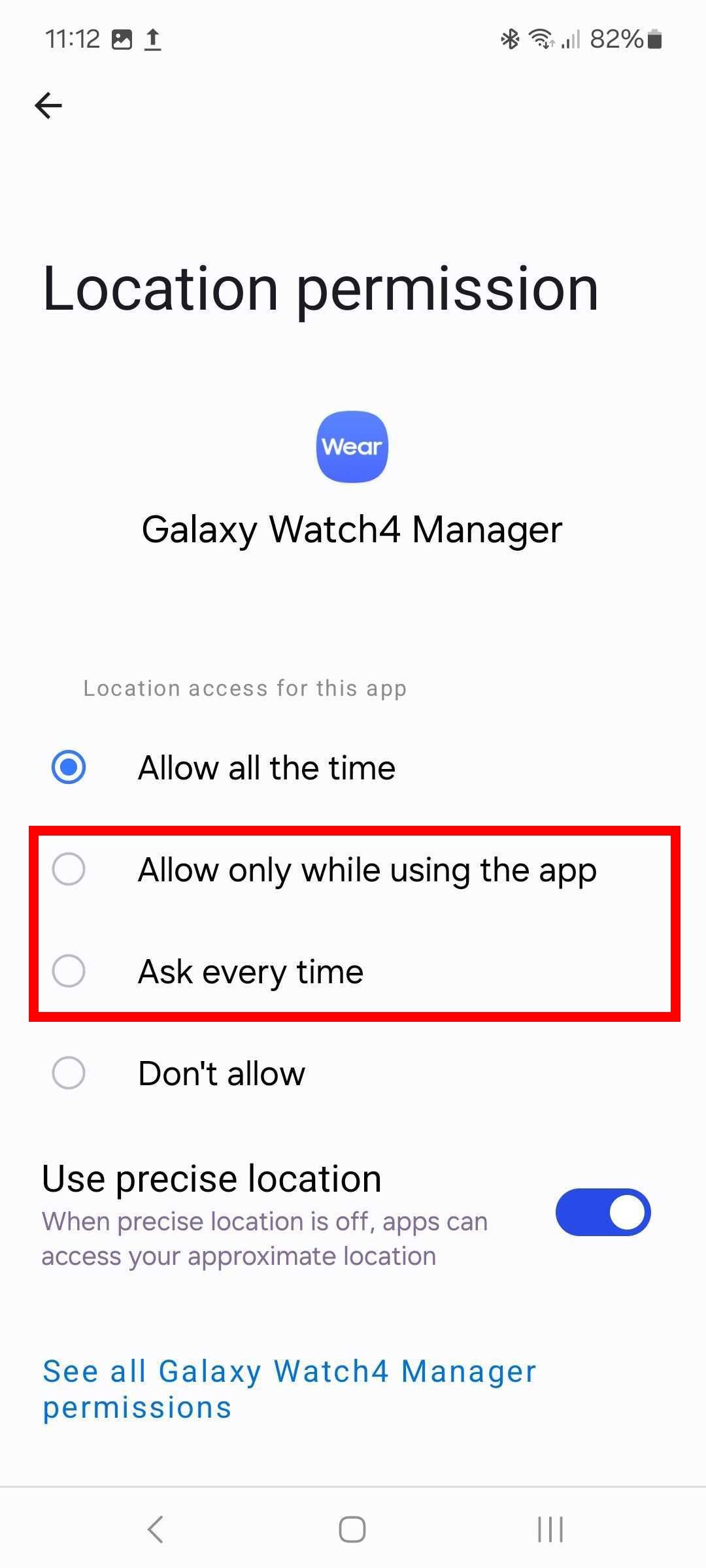 Red rectangle outline highlighting Location permissions for the Galaxy Watch4 Manager app