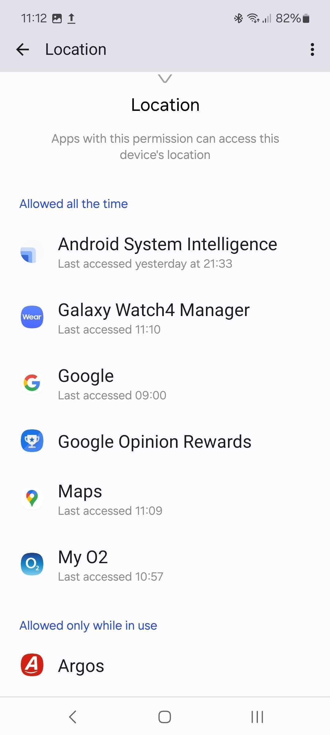 A list of apps under Allowed all the time and allowed only while in use in location permission page