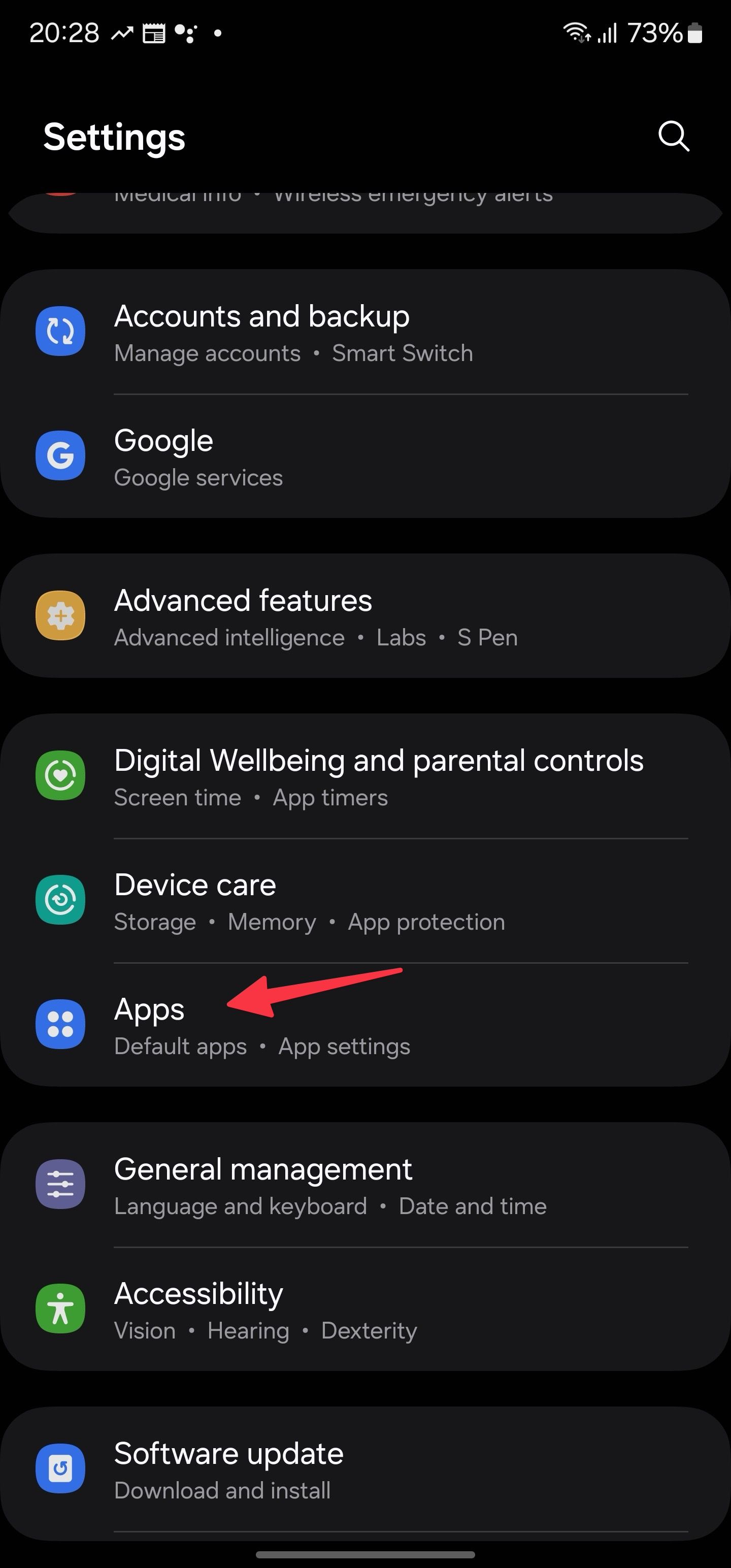 Apps menu on Samsung phone