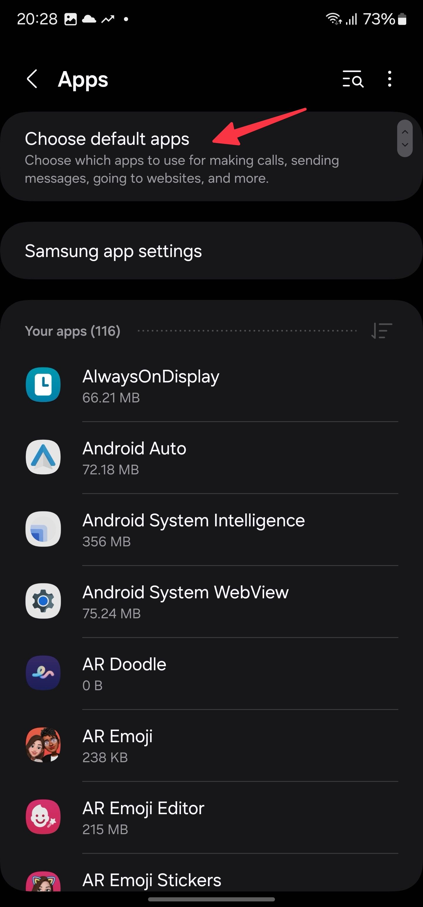 Default apps menu on Samsung phone