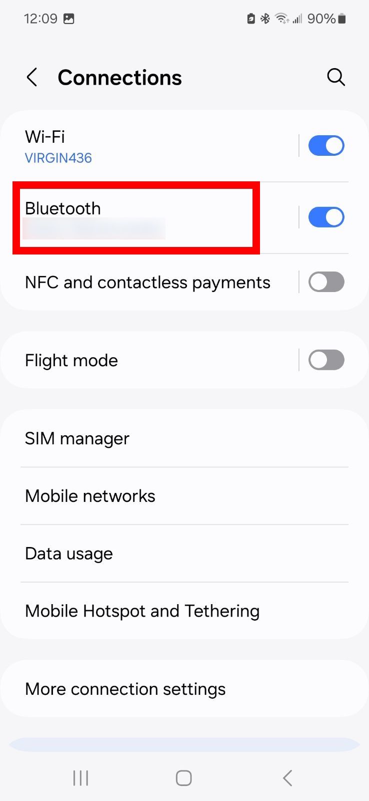 Red rectangle outline highlighting Bluetooth in Samsung settings