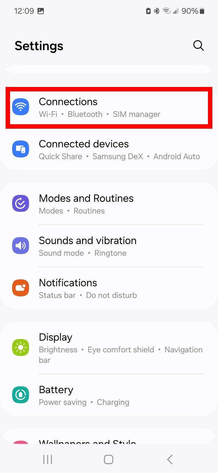Red rectangle outline highlighting Connections in Samsung settings