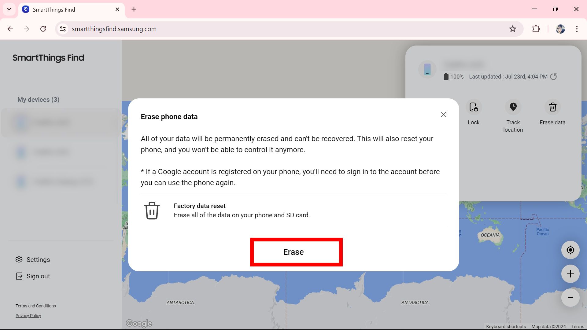 Red rectangle outline highlighting Erase in Erase phone data confirmation window on Samsung SmartThings Find page