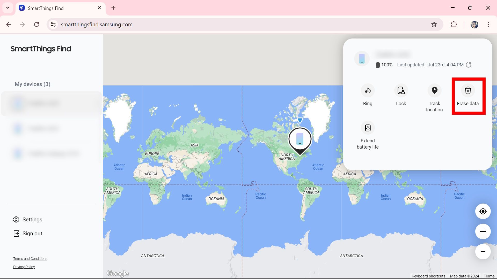 Red rectangle outline highlighting Erase data in Samsung SmartThings device options