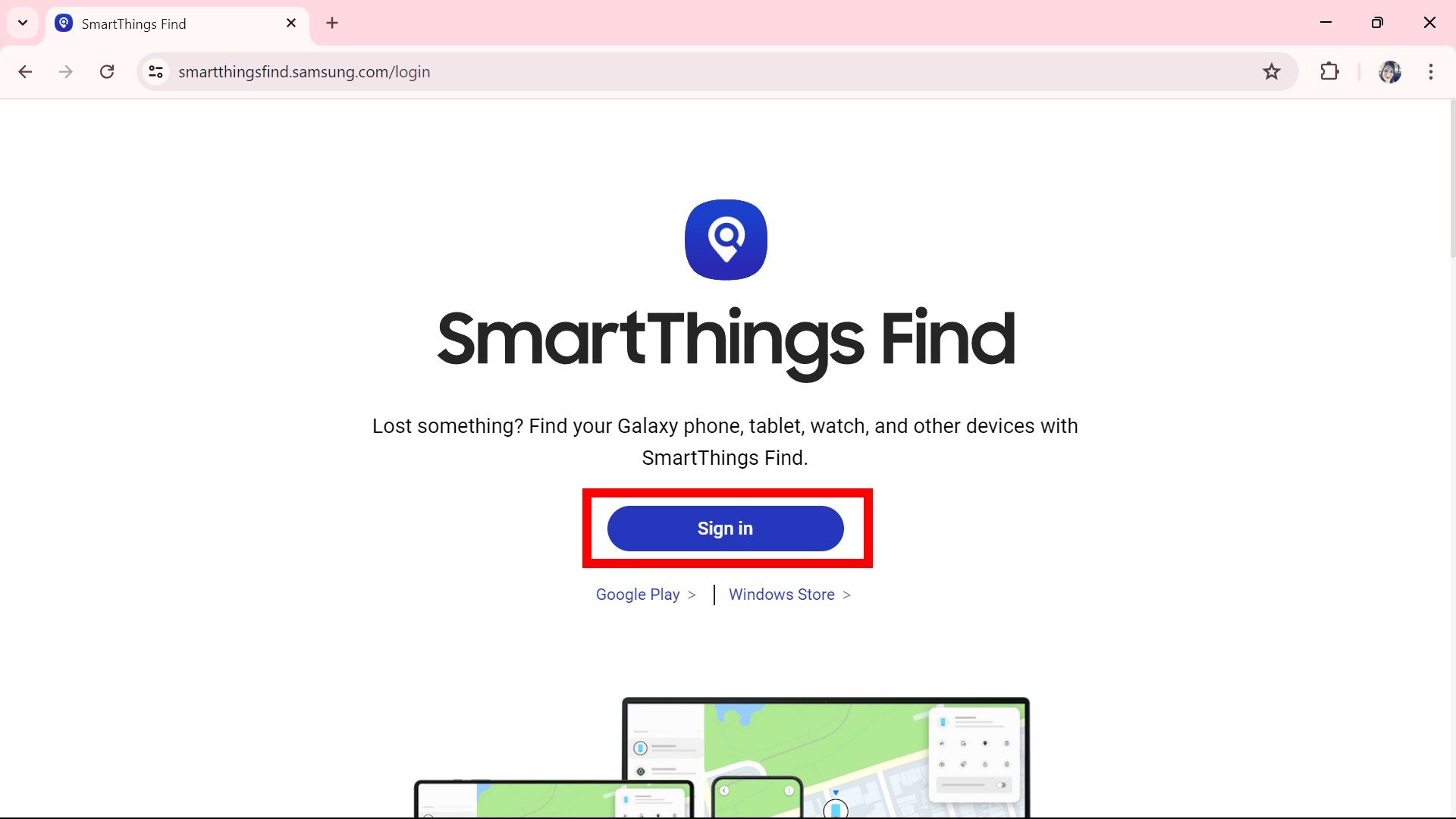 Red rectangle outline highlighting Sign in button on Samsung SmartThings home page