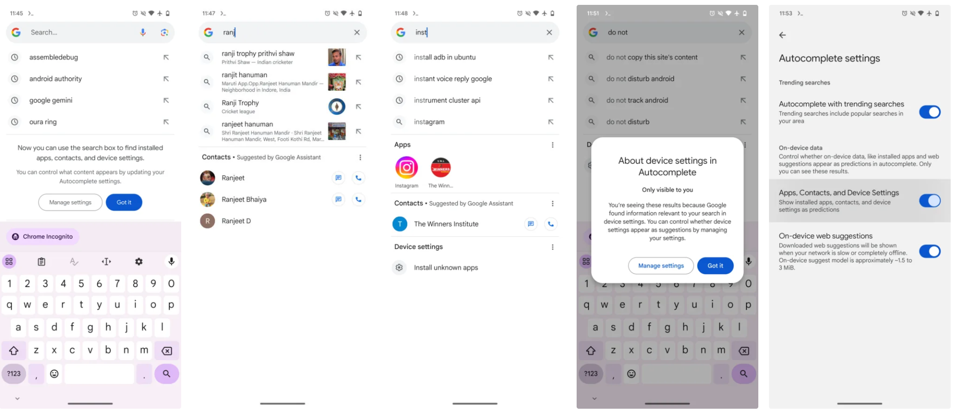 Screenshots showing off Google Spotlight search feature