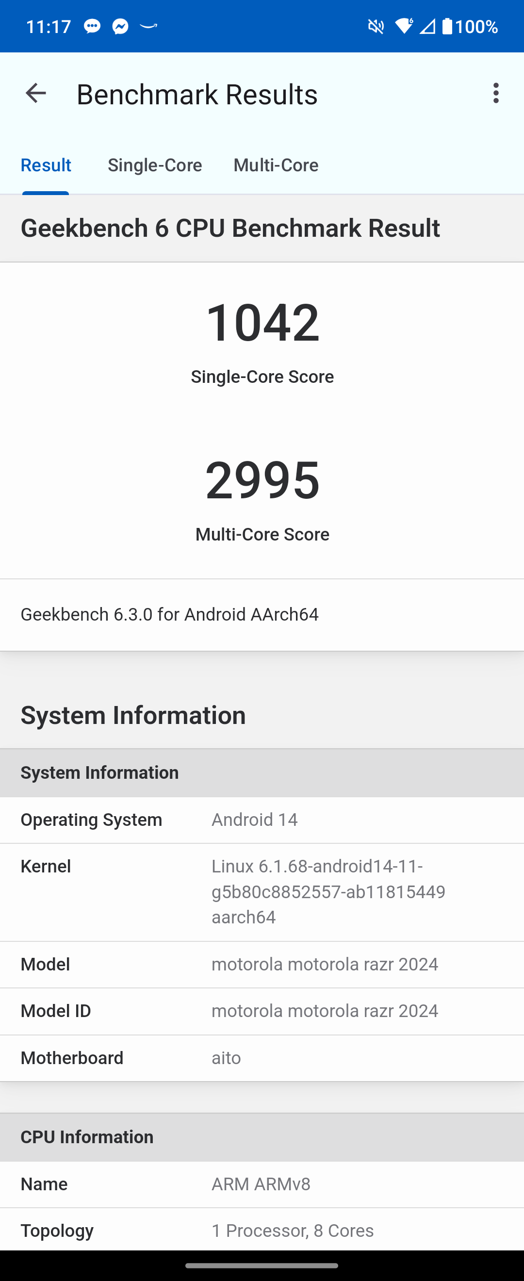 Geekbench results for the Razr 2024