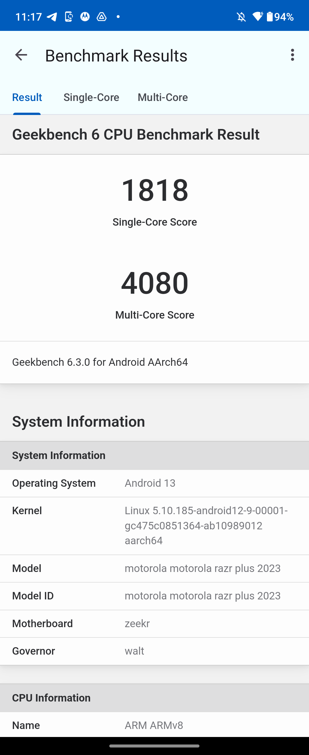 Geekbench results for the Razr+ 2023