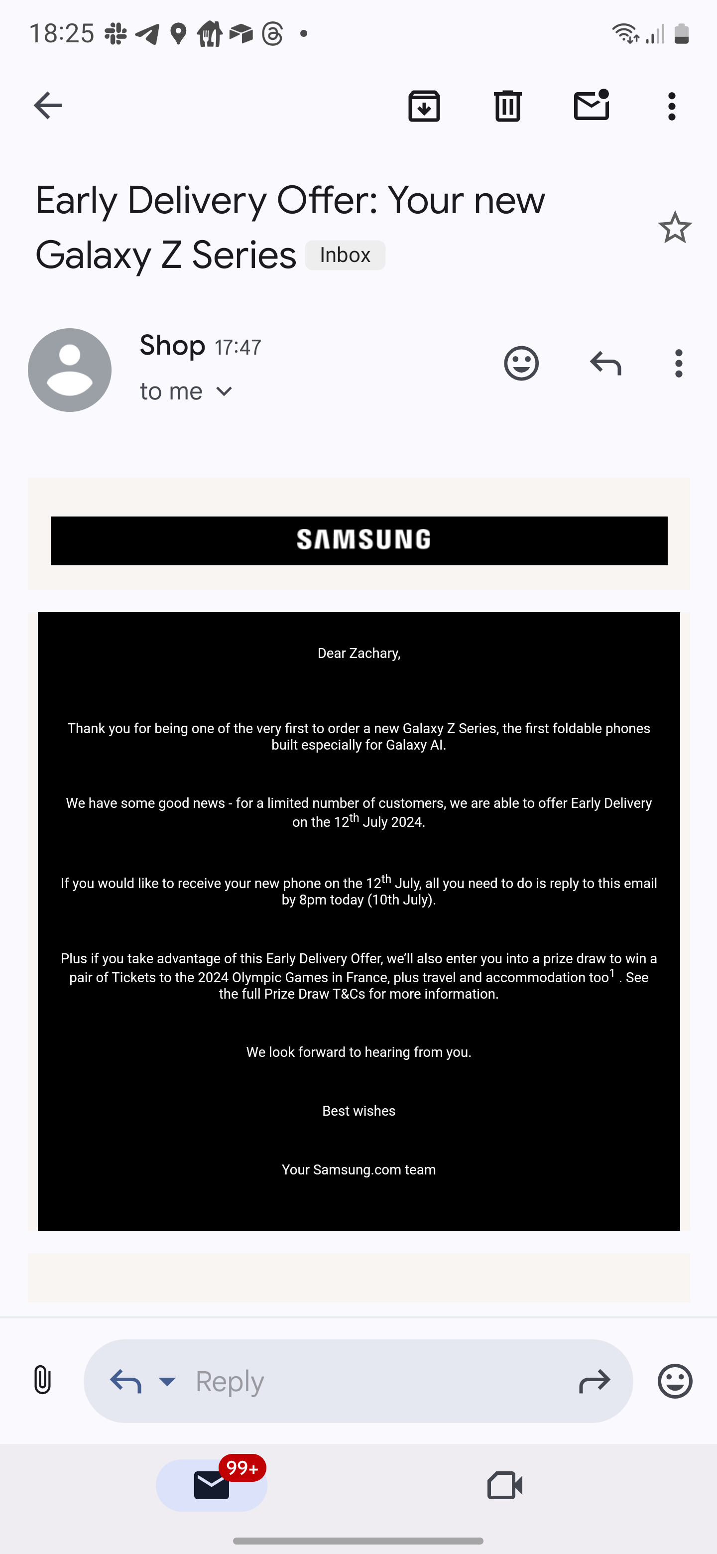 A screenshot of an email from Samsung offerign early delivery for Flip and Fold 6 customers