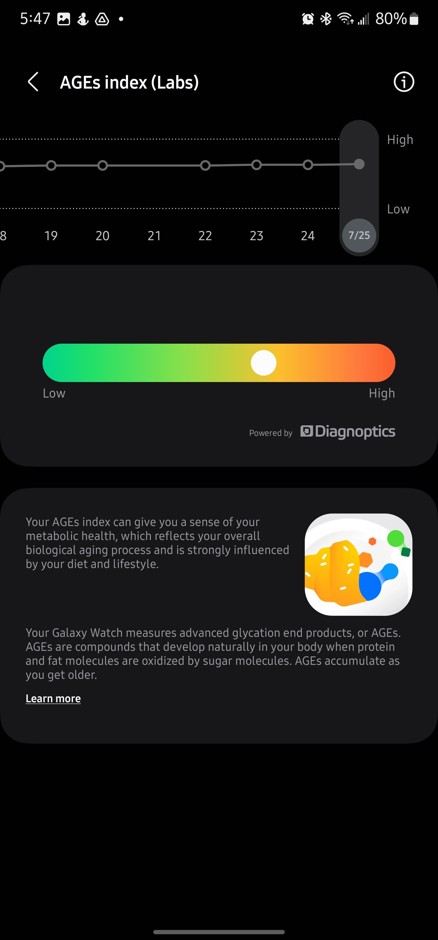 AGEs index page with low and high reading