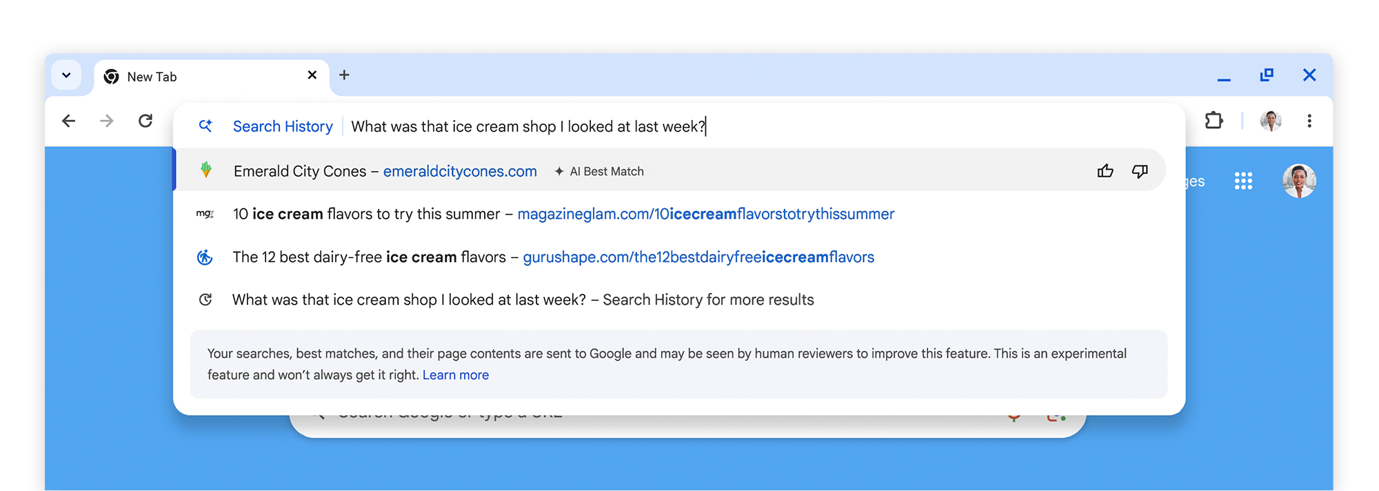 A screenshot of Chrome's new history search feature that allows you to search for previously visited pages via context.